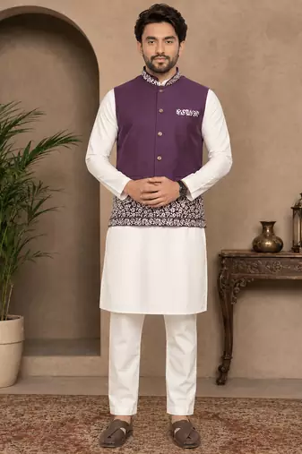 Off white-purple color embroidered daaman work shiny silk men's kurta payjama set