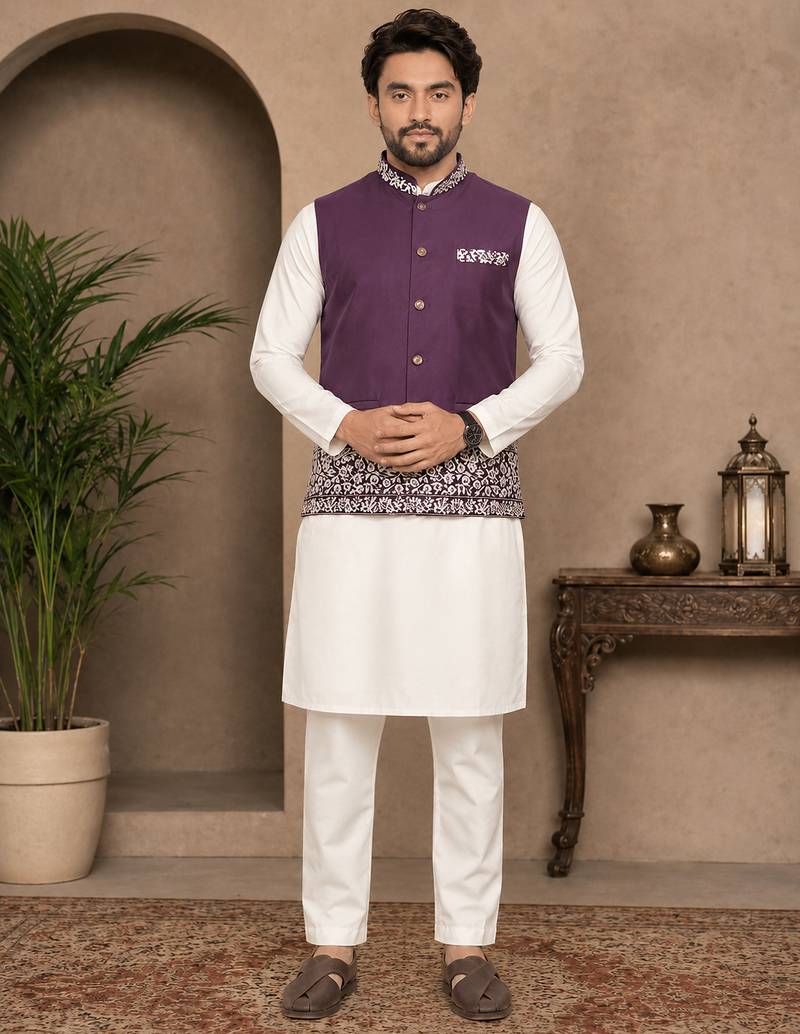 Off white-purple color embroidered daaman work shiny silk men's kurta payjama set