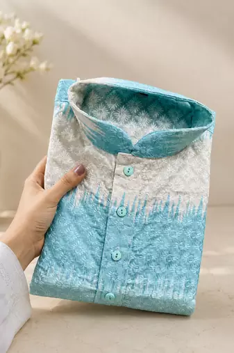 Sky blue color embroidery work & shading print cotton men's kurta payjama set