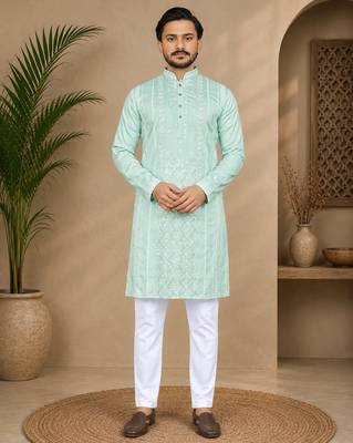 Pista color embroidery and silver sequence work silk men's kurta payjama set 1