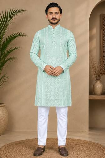 Pista color embroidery and silver sequence work silk men's kurta payjama set