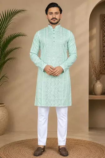 Pista color embroidery and silver sequence work silk men's kurta payjama set