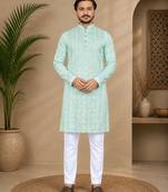 Pista color embroidery and silver sequence work silk men's kurta payjama set