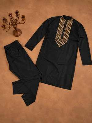 Black color elegant neck embroidery silk men's kurta payjama set 5