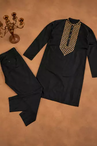 Black color elegant neck embroidery silk men's kurta payjama set