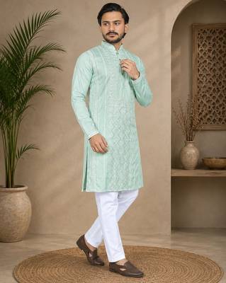 Pista color embroidery and silver sequence work silk men's kurta payjama set 2