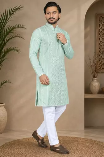 Pista color embroidery and silver sequence work silk men's kurta payjama set