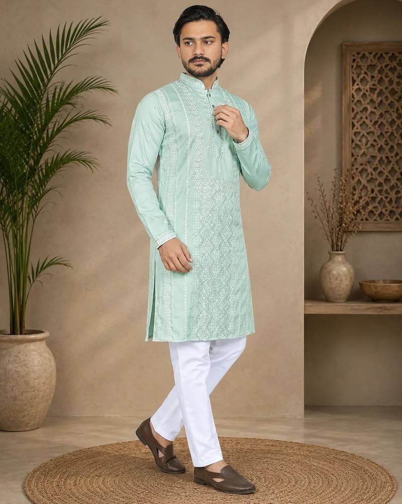 Pista color embroidery and silver sequence work silk men's kurta payjama set