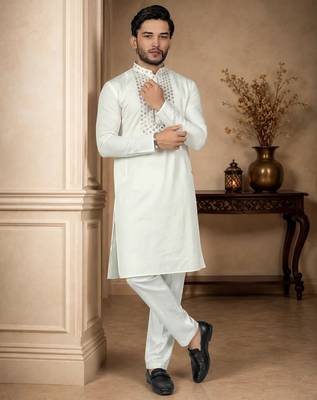 White color elegant neck embroidery silk men's kurta payjama set 1