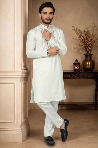 White color elegant neck embroidery silk men's kurta payjama set