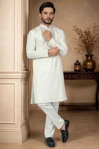 White color elegant neck embroidery silk men's kurta payjama set