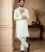 White color elegant neck embroidery silk men's kurta payjama set
