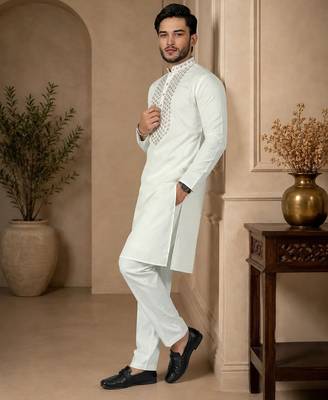 White color elegant neck embroidery silk men's kurta payjama set 2