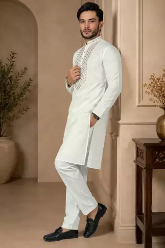 White color elegant neck embroidery silk men's kurta payjama set