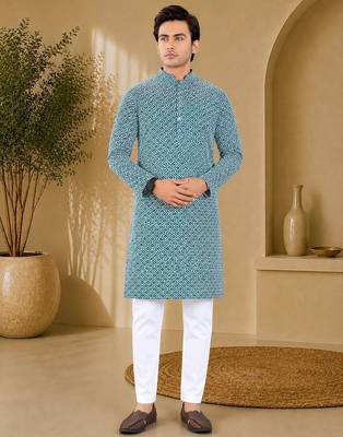 Blue color handcrafted luckhnawi chikankari cotton men's kurta payjama set 1