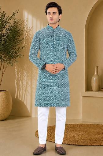 Blue color handcrafted luckhnawi chikankari cotton men's kurta payjama set