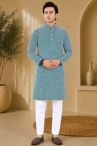 Blue color handcrafted luckhnawi chikankari cotton men's kurta payjama set