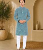 Blue color handcrafted luckhnawi chikankari cotton men's kurta payjama set