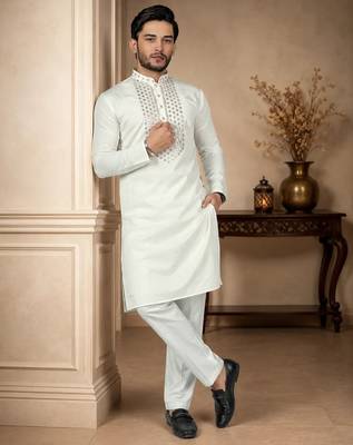 White color elegant neck embroidery silk men's kurta payjama set 3