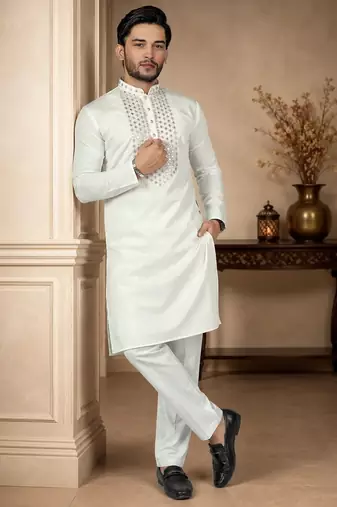 White color elegant neck embroidery silk men's kurta payjama set