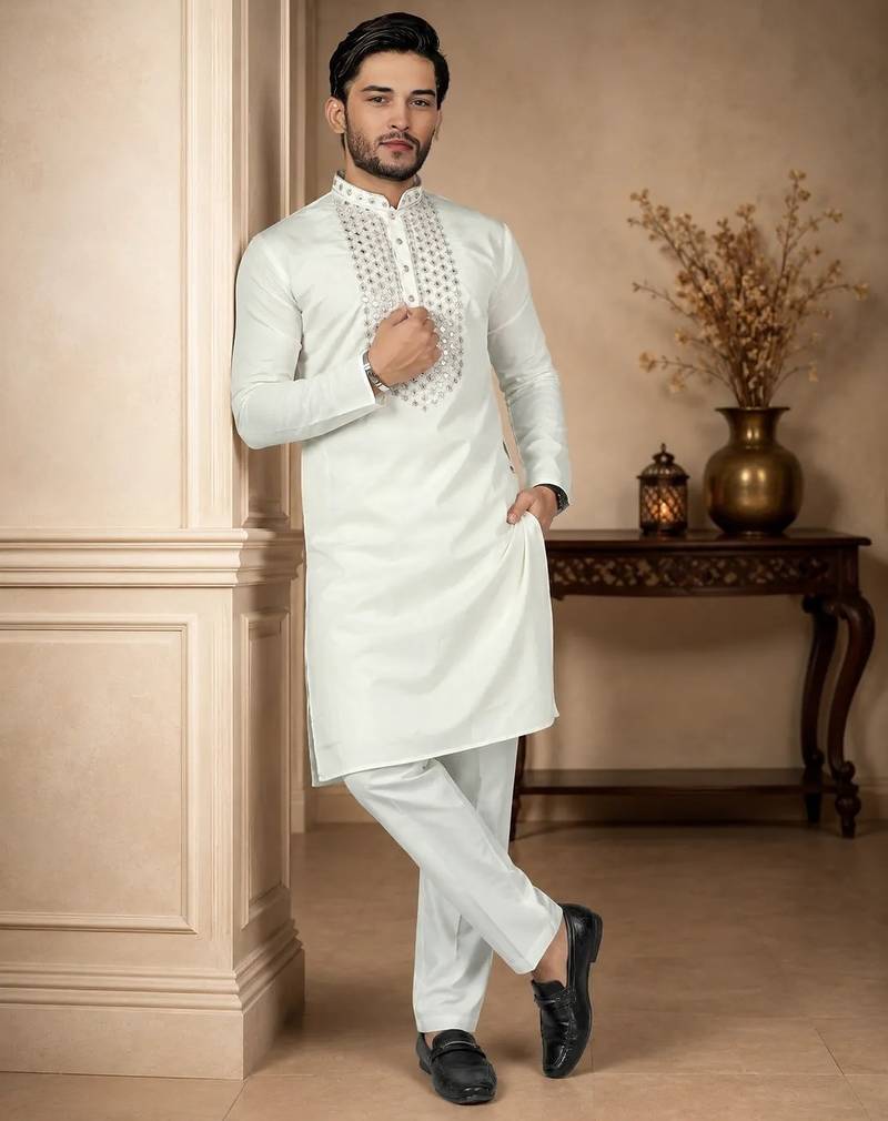 White color elegant neck embroidery silk men's kurta payjama set