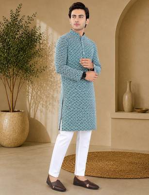 Blue color handcrafted luckhnawi chikankari cotton men's kurta payjama set 2