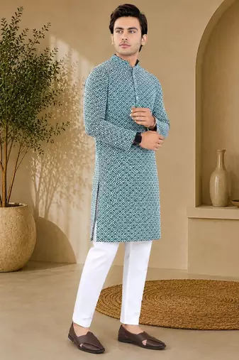 Blue color handcrafted luckhnawi chikankari cotton men's kurta payjama set