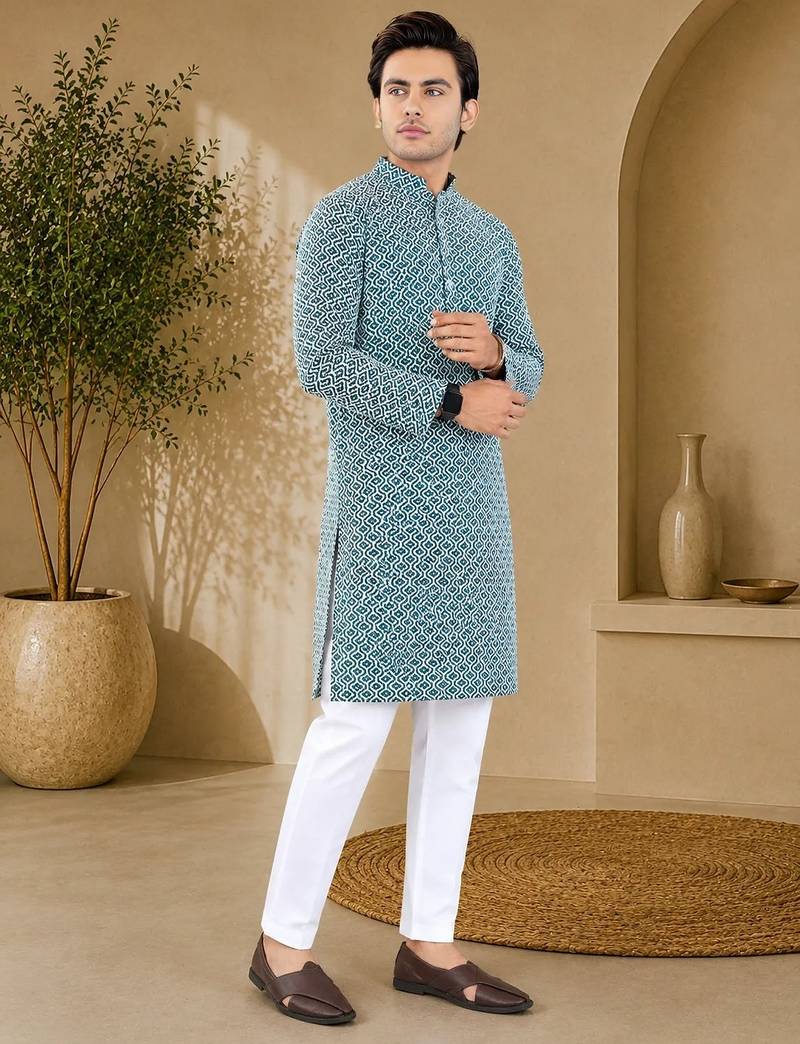 Blue color handcrafted luckhnawi chikankari cotton men's kurta payjama set