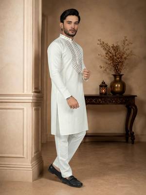 White color elegant neck embroidery silk men's kurta payjama set 4