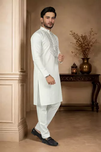 White color elegant neck embroidery silk men's kurta payjama set