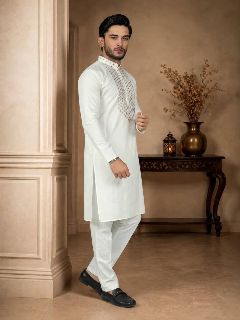 White color elegant neck embroidery silk men's kurta payjama set
