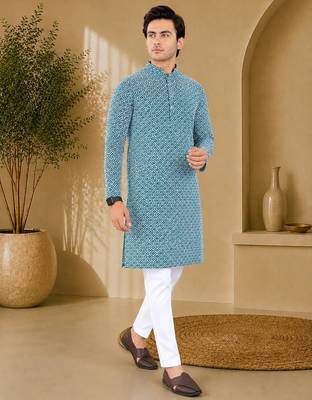 Blue color handcrafted luckhnawi chikankari cotton men's kurta payjama set 3
