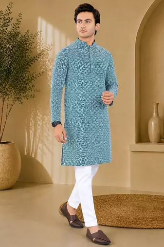 Blue color handcrafted luckhnawi chikankari cotton men's kurta payjama set