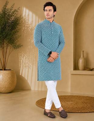 Blue color handcrafted luckhnawi chikankari cotton men's kurta payjama set 4