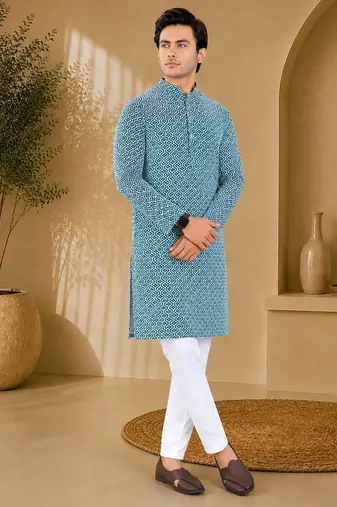 Blue color handcrafted luckhnawi chikankari cotton men's kurta payjama set