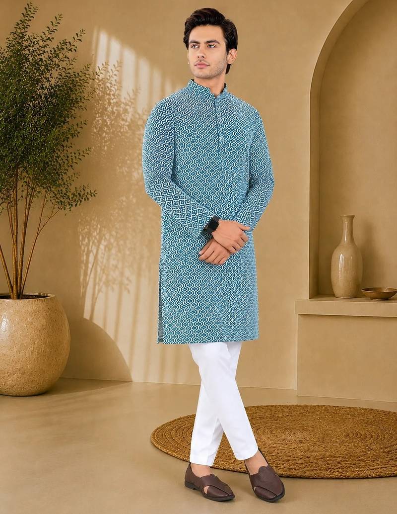 Blue color handcrafted luckhnawi chikankari cotton men's kurta payjama set