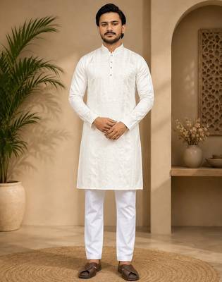 Beige color embroidery and silver sequence work silk men's kurta payjama set 1
