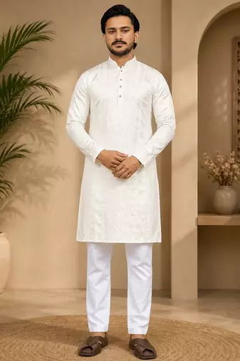 Beige color embroidery and silver sequence work silk men's kurta payjama set
