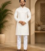 Beige color embroidery and silver sequence work silk men's kurta payjama set