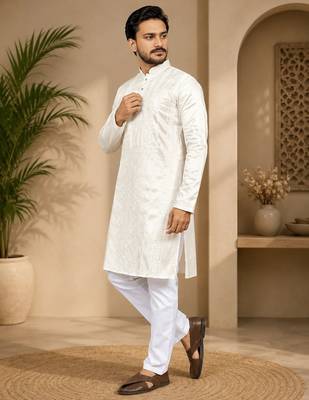 Beige color embroidery and silver sequence work silk men's kurta payjama set 2