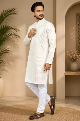 Beige color embroidery and silver sequence work silk men's kurta payjama set