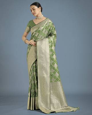 mehendi silk blend banarasi jacuard work saree with unstitched blouse piece 1