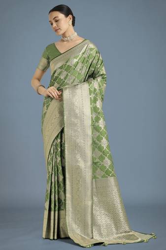 mehendi silk blend banarasi jacuard work saree with unstitched blouse piece