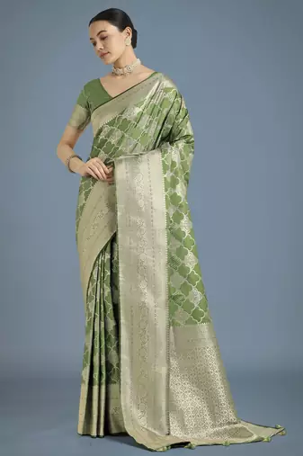 mehendi silk blend banarasi jacuard work saree with unstitched blouse piece