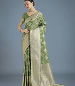 mehendi silk blend banarasi jacuard work saree with unstitched blouse piece