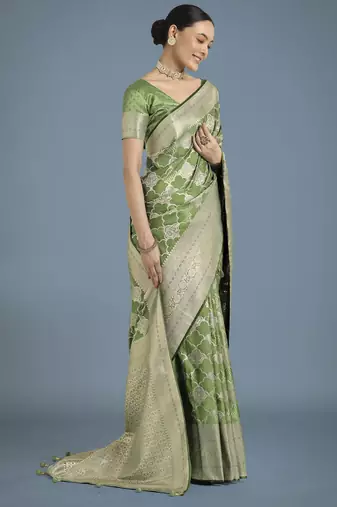 mehendi silk blend banarasi jacuard work saree with unstitched blouse piece