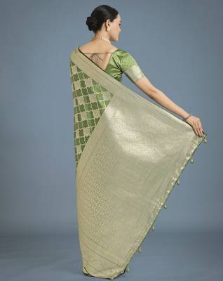 mehendi silk blend banarasi jacuard work saree with unstitched blouse piece 3
