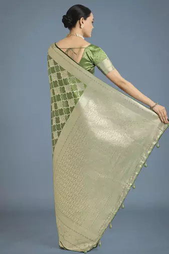 mehendi silk blend banarasi jacuard work saree with unstitched blouse piece