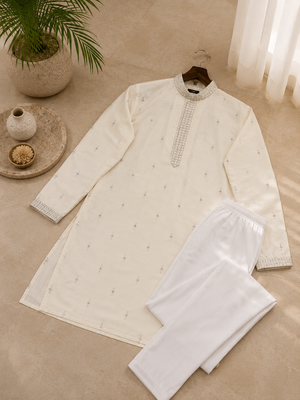 Off-white color all over silver jari with embroidery buti matka silk men's kurta payjama set 5