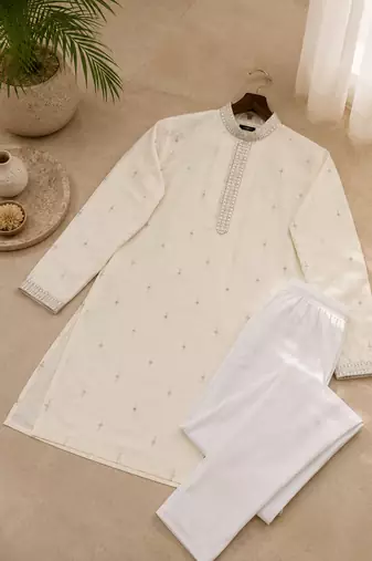 Off-white color all over silver jari with embroidery buti matka silk men's kurta payjama set
